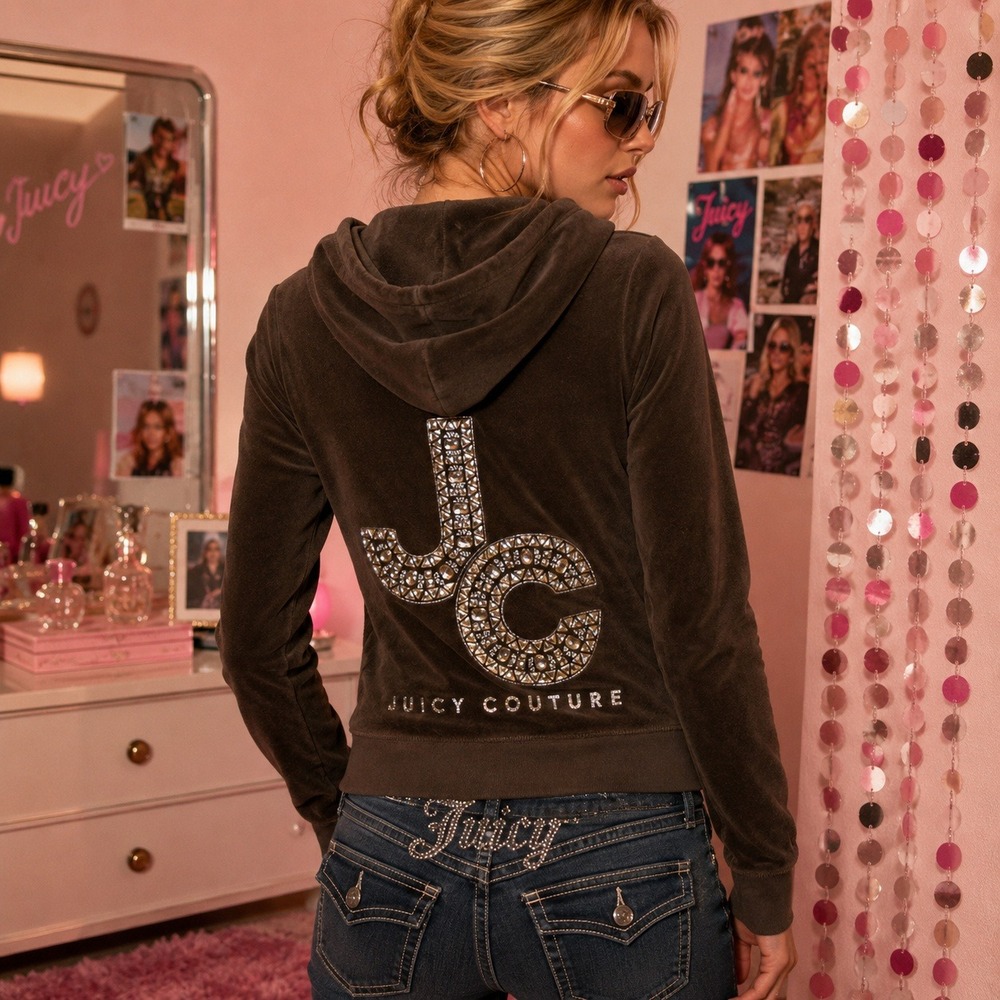 Juicy Couture Black Label Y2K Velour Full Zip Hoodie Sz XS Brown Rhinestone Logo